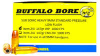 Buffalo Bore Ammo 9mm Subsonic JHP 147 Grain [24I/